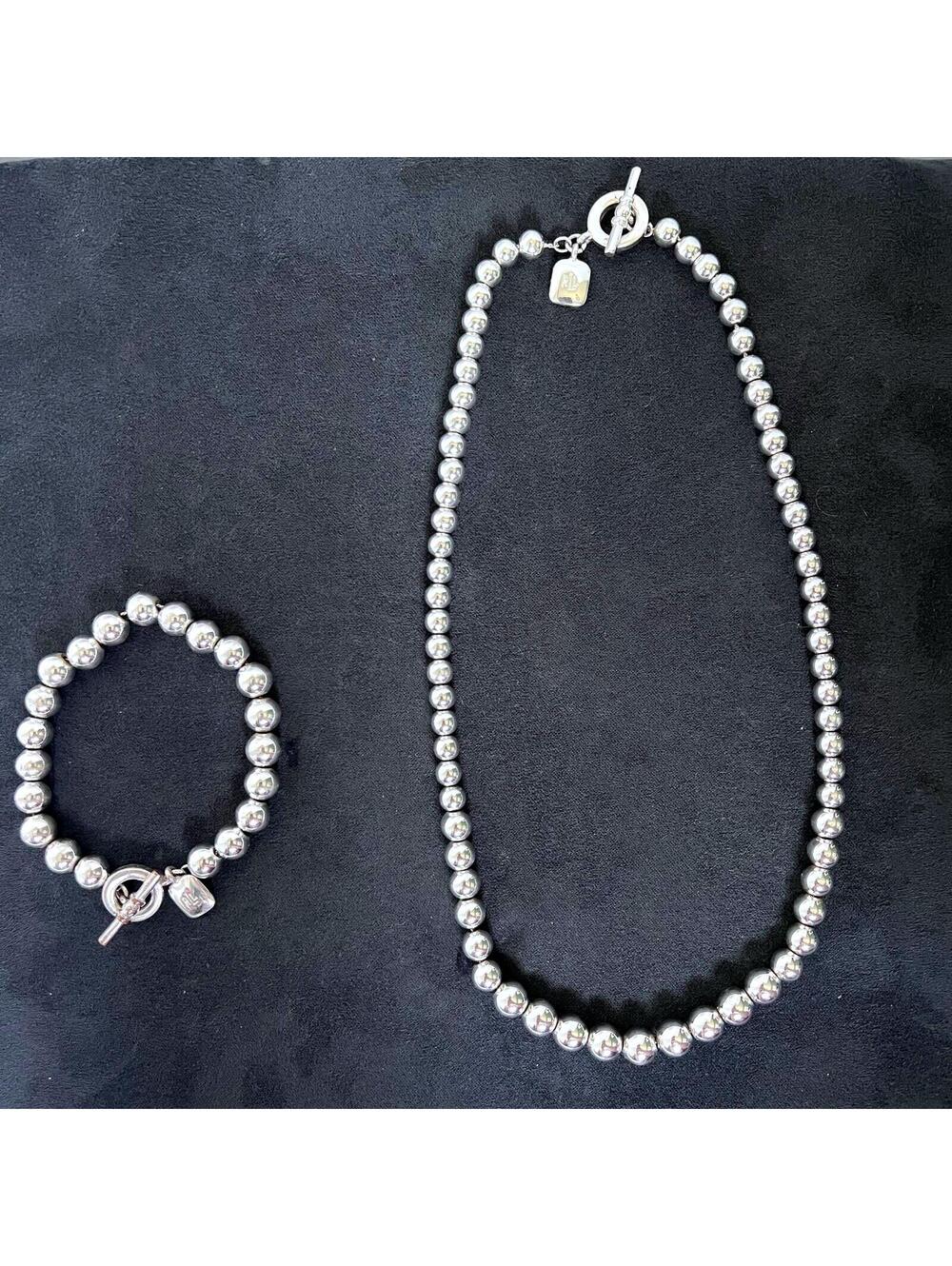 Vintage Lauren Ralph Lauren Necklace Bracelet Set Silver Tone Beaded Toggle Y2K